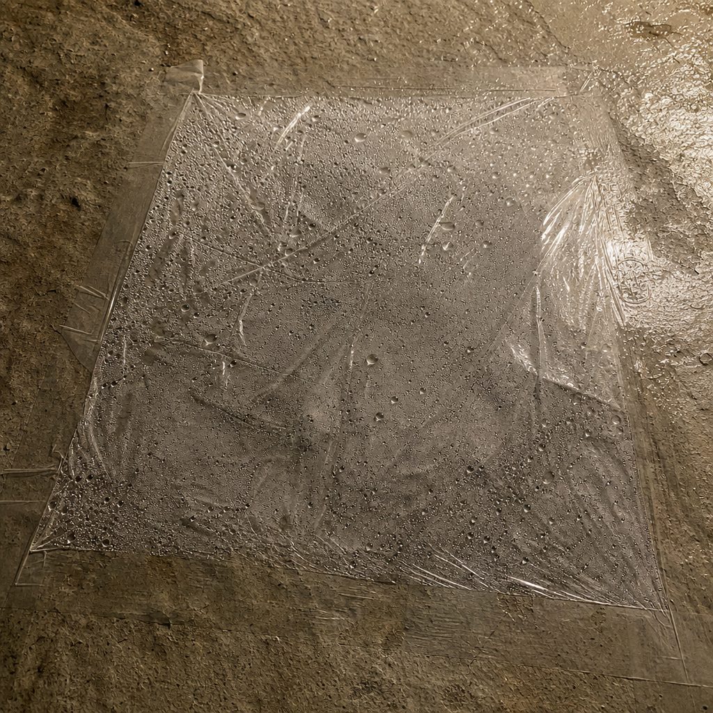 gros plan sur un carré de film plastique transparent scotché au sol d'une cave en pierre, gouttelettes de condensation visibles à l'intérieur, éclairage d'une ampoule nue