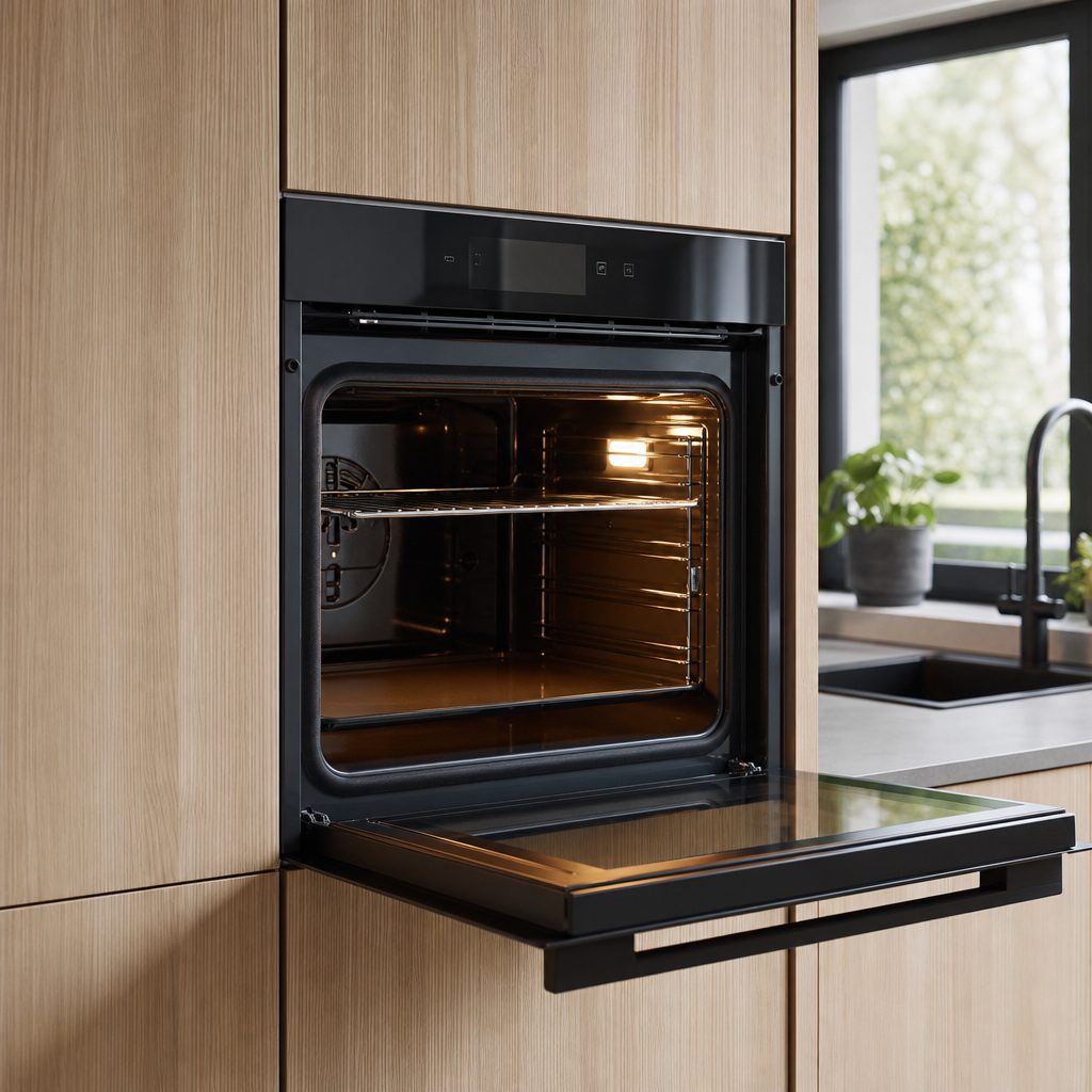 four encastré ouvert dans une colonne de cuisine en bois clair, plat à l'intérieur, lumière du four allumée, cuisine moderne