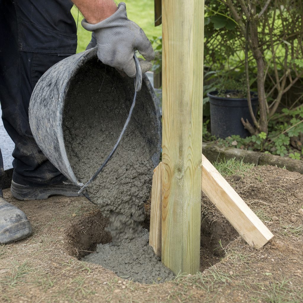 mains gantées versant du béton frais dans un trou de 30 cm autour d'un poteau de clôture en bois maintenu droit par deux tasseaux, jardin en arrière-plan, lumière naturelle du matin