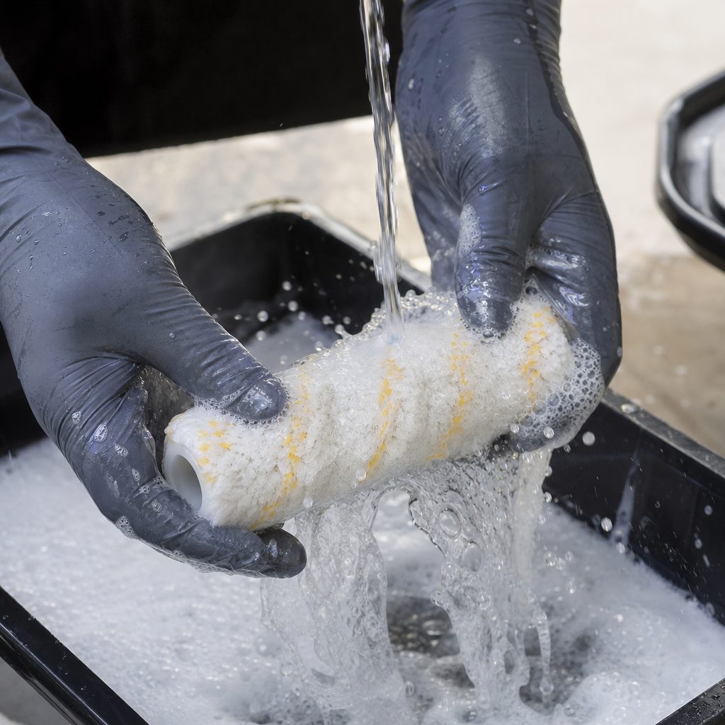gants de protection tenant un manchon de rouleau de peinture sous un jet d'eau, mousse de savon blanche visible, bac en plastique en dessous