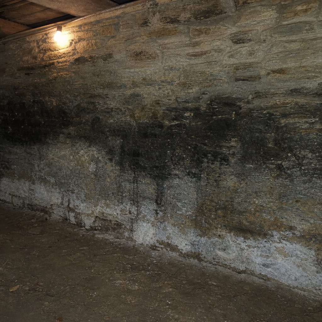 mur de cave en pierre avec des taches noires de moisissure et des traces de salpêtre blanchâtre près du sol, éclairage faible d'une ampoule nue