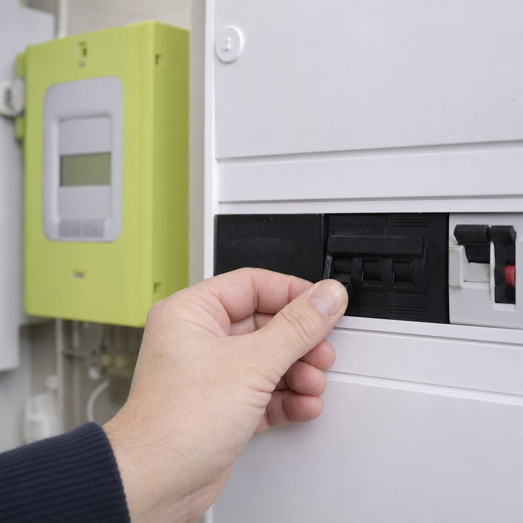 gros plan sur une main actionnant le disjoncteur général noir d'un tableau électrique, à côté d'un compteur Linky visible en arrière-plan