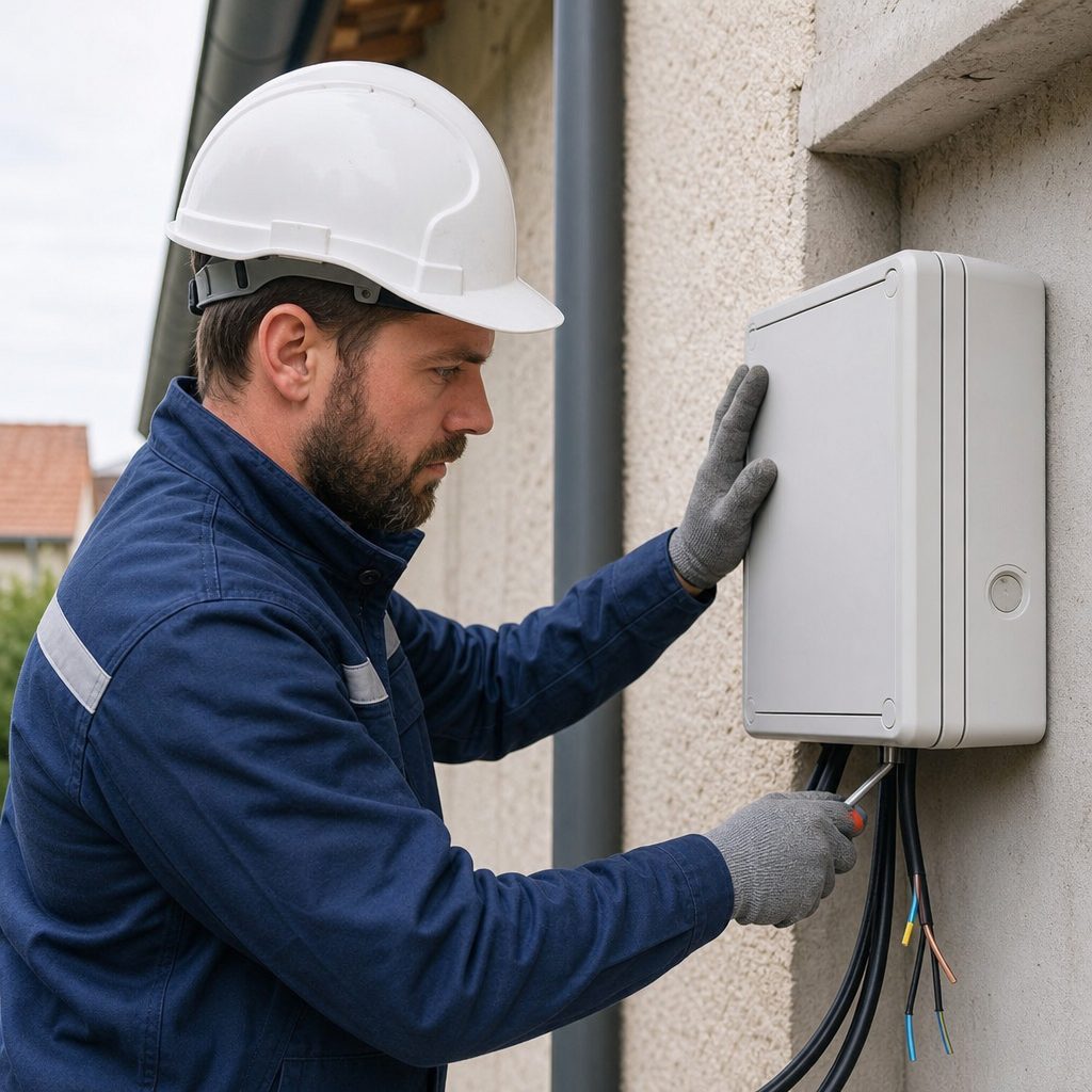 technicien Enedis en tenue de travail installant un nouveau coffret électrique extérieur sur une façade de maison, câbles apparents avant raccordement final