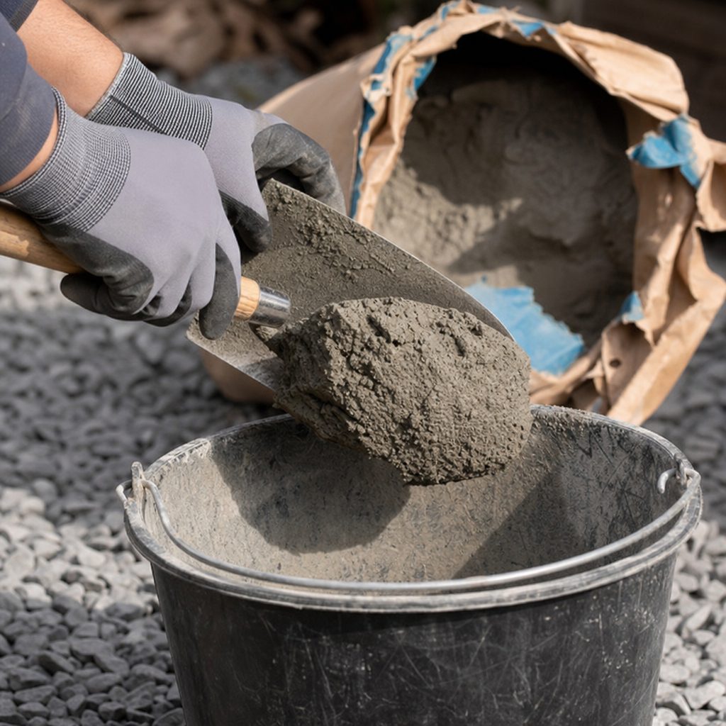 mains gantées calibrant une pelle de maçon en la vidant dans un seau gradué posé sur du gravier, sac de ciment de 25 kg ouvert en arrière-plan