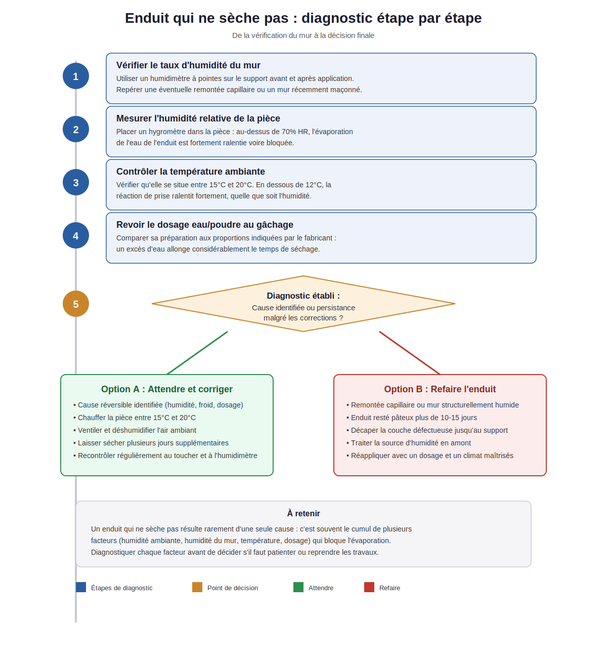 étapes chronologiques pour diagnostiquer et résoudre un enduit qui ne sèche pas, de la vérification du taux d'humidité du mur jusqu'à la décision de refaire ou d'attendre