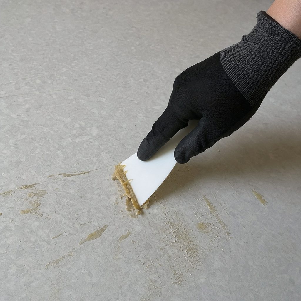 main gantée tenant une spatule plastique en train de racler un résidu de colle jaunâtre sur un sol PVC gris clair, gros plan