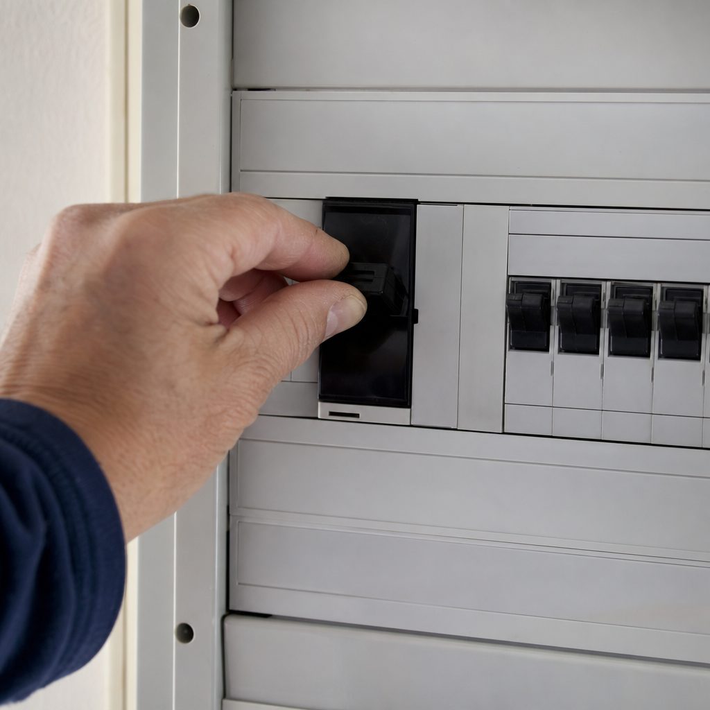 main actionnant la manette d'un disjoncteur général noir sur un tableau électrique domestique, lumière naturelle d'une entrée de maison