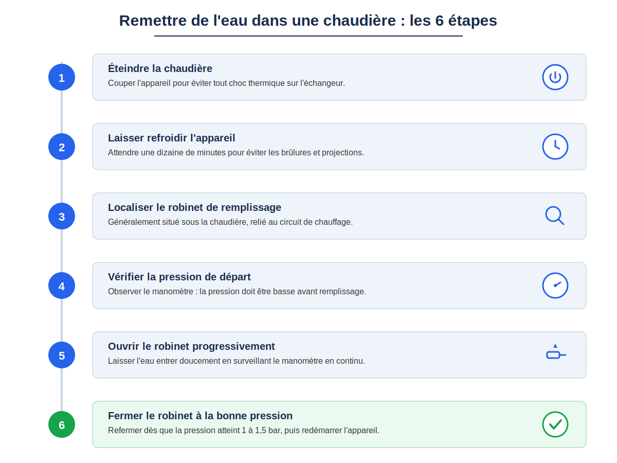 les six étapes chronologiques pour remettre de l'eau dans une chaudière, de l'extinction de l'appareil jusqu'à la fermeture du robinet une fois la pression atteinte