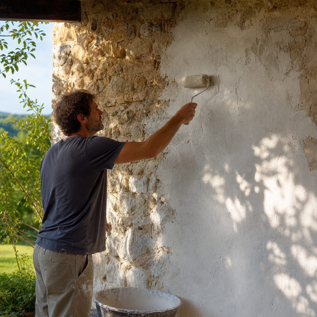 propriétaire appliquant un enduit à la chaux au rouleau sur la face intérieure d'un mur en pierre côté jardin, lumière de fin d'après-midi