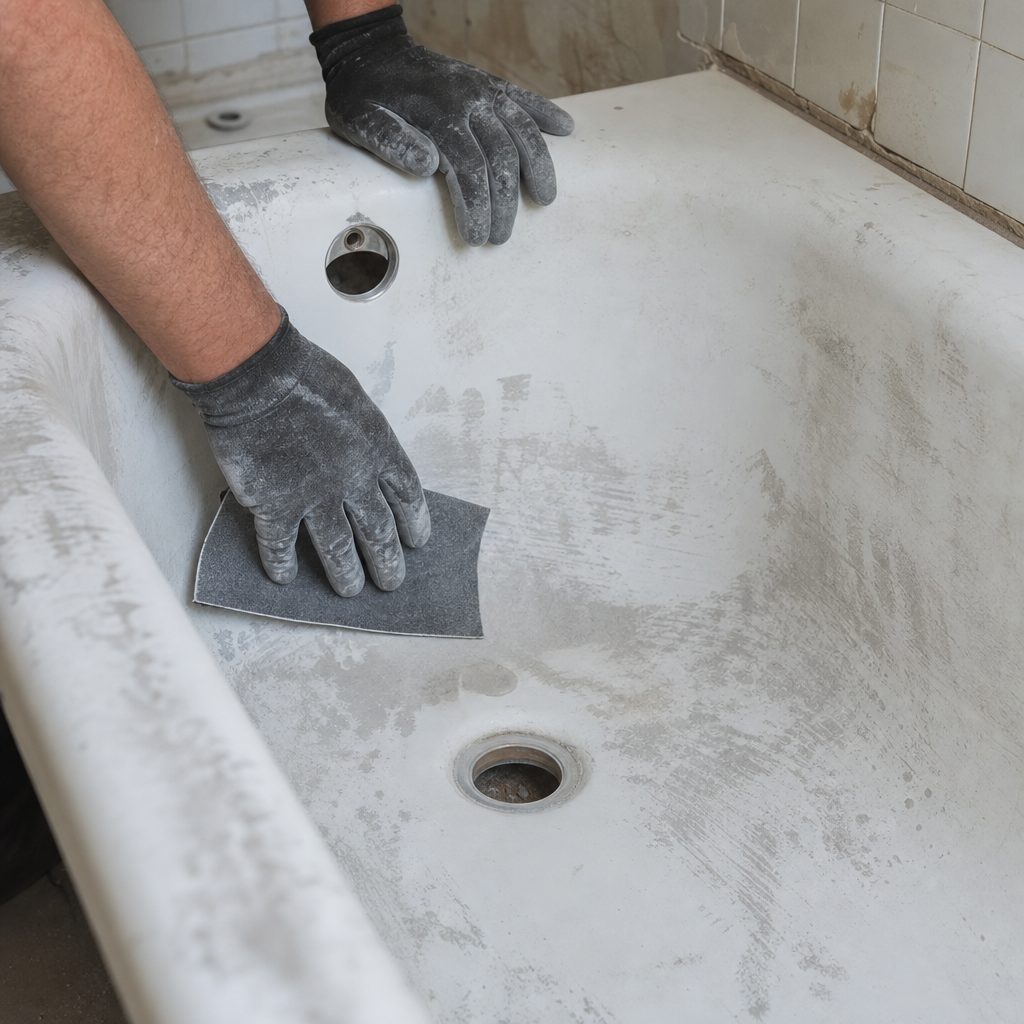 mains gantées ponçant le fond d'une vieille baignoire blanche avec du papier de verre, poussière fine visible, salle de bain en cours de rénovation