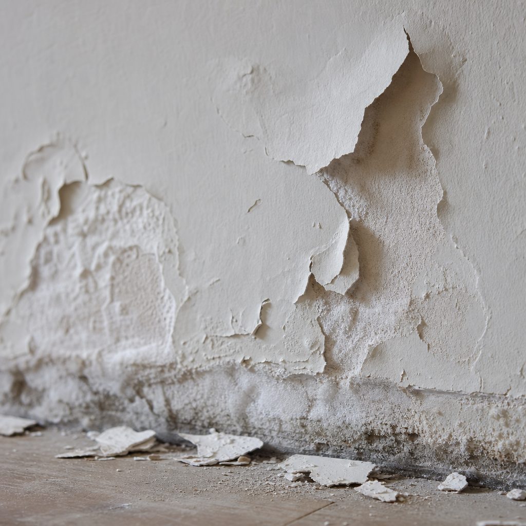 gros plan sur un bas de mur intérieur avec de la peinture qui cloque et s'effrite, laissant apparaître des traces blanchâtres de salpêtre, lumière naturelle rasante