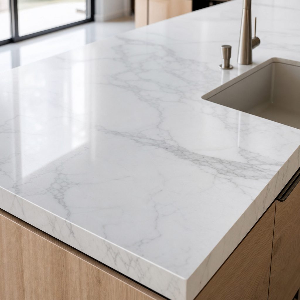 gros plan sur un plan de travail en quartz blanc veiné installé sur un îlot de cuisine, évier intégré visible, lumière naturelle du jour