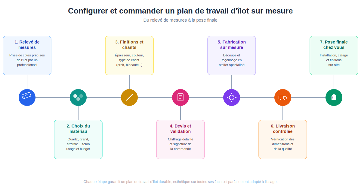 étapes chronologiques pour configurer et commander un plan de travail d'îlot sur mesure, du relevé de mesures à la pose finale