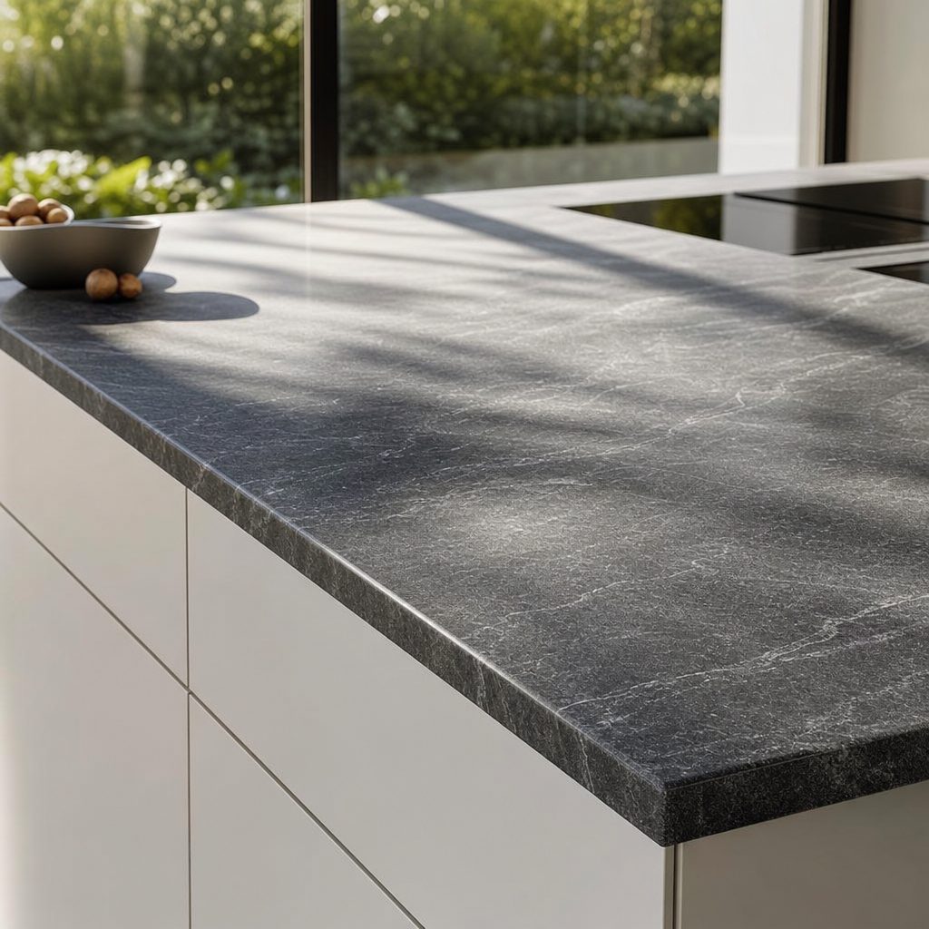 plan de travail en granit gris foncé posé sur des meubles de cuisine blancs, lumière naturelle mettant en valeur les veinures de la pierre