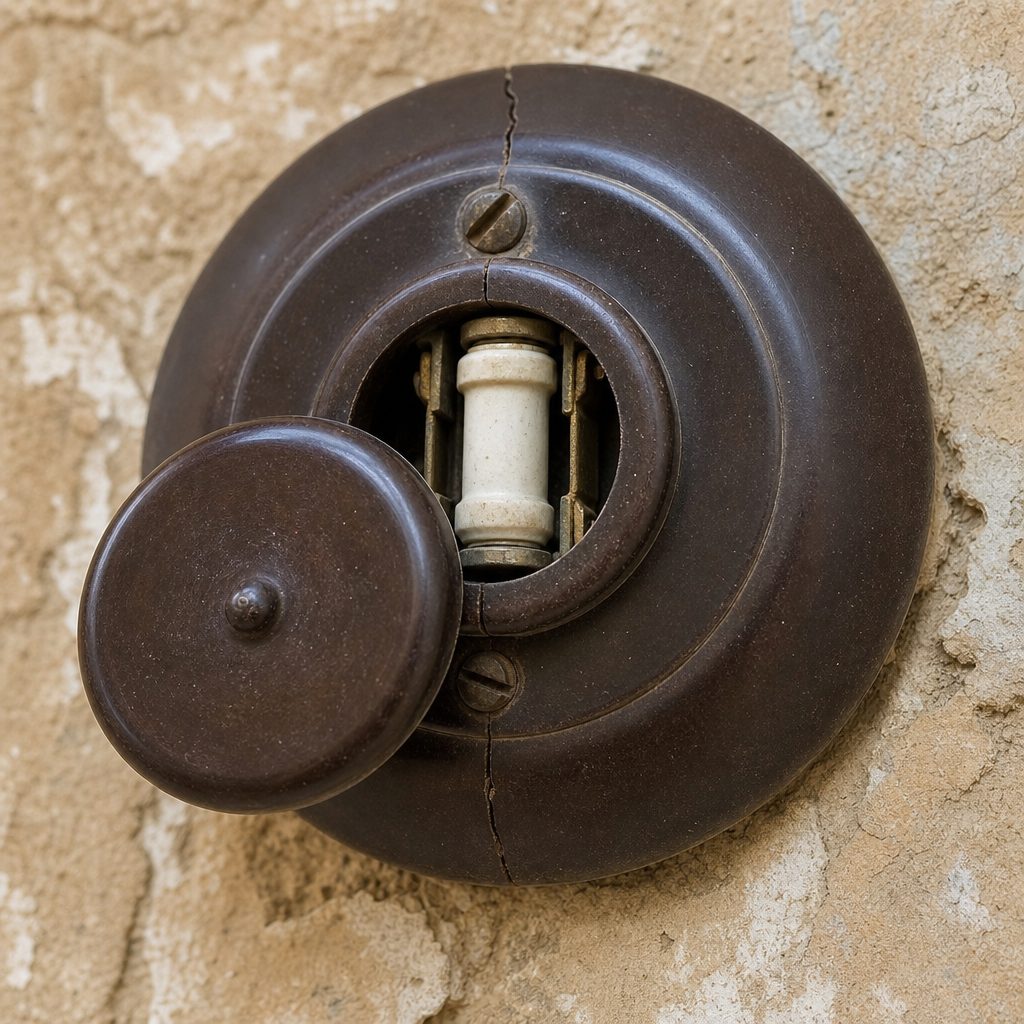 gros plan sur une ancienne prise électrique en bakélite marron fissurée, avec un petit cache circulaire ouvert laissant apparaître un fusible en céramique, sur un mur ancien