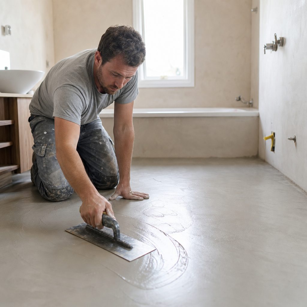 artisan appliquant au lisseur inox une couche de béton ciré sur un sol de salle de bain, lumière naturelle, spatule laissant des traces de matière fraîche