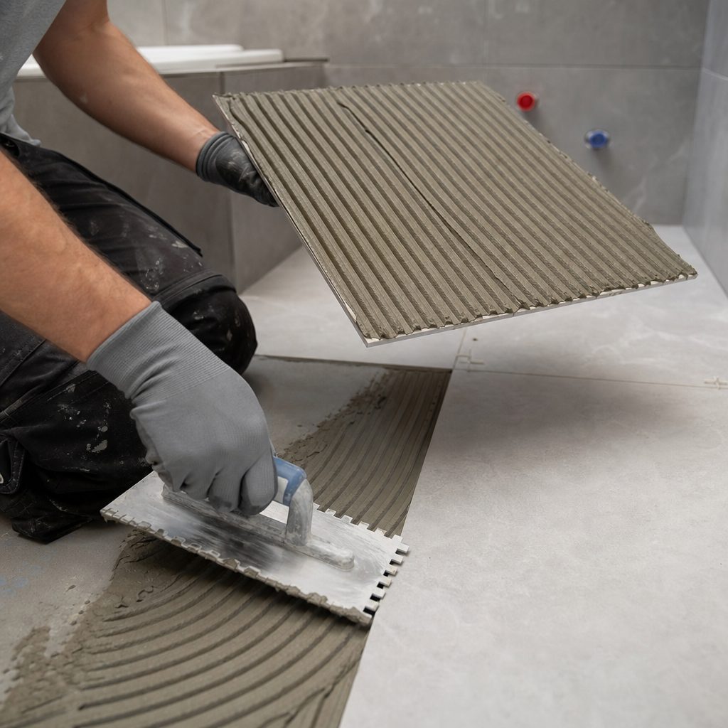 mains gantées d'un carreleur appliquant du mortier-colle avec une taloche crantée à la fois sur le sol carrelé et au dos d'un carreau de grand format, avant pose en salle de bain