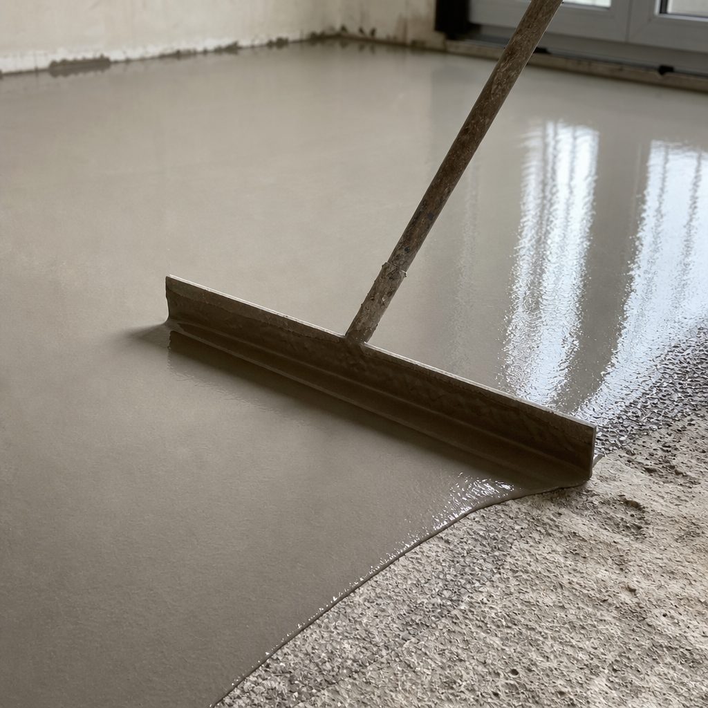 gros plan sur une chape fluide grise en train d'être coulée et nivelée au râteau à chape sur un sol brut, dans une pièce vide en travaux, lumière naturelle