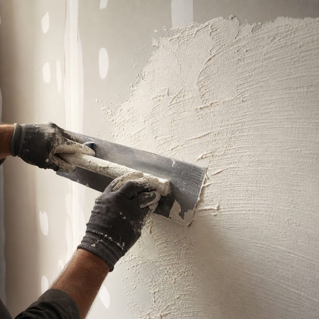 mains gantées appliquant de l'enduit fibré blanc sur un mur en placo avec une large spatule inox, lumière rasante révélant le relief du mur
