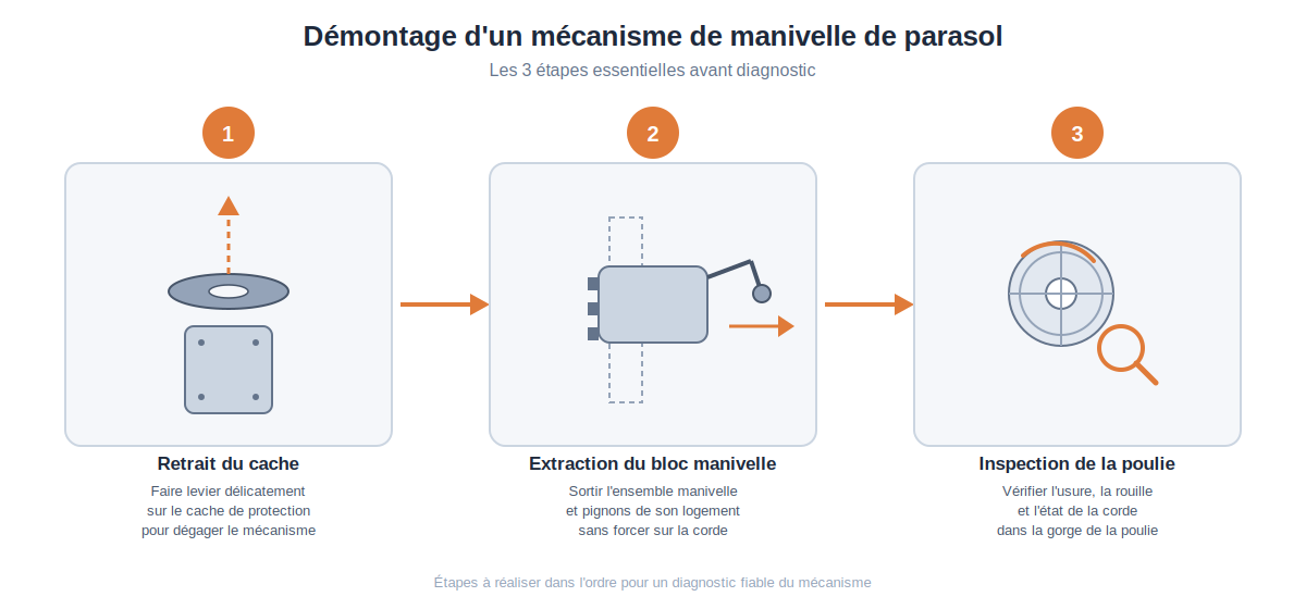 Les 3 étapes du démontage d'un mécanisme de manivelle de parasol : retrait du cache, extraction du bloc manivelle, inspection de la poulie