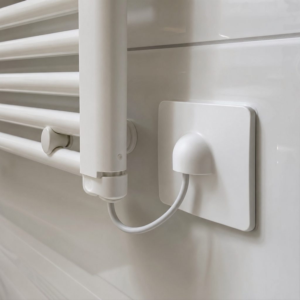 gros plan sur une sortie de câble électrique murale dans une salle de bain, fils raccordés à un sèche-serviette blanc fixé au mur, capot de protection isolant visible
