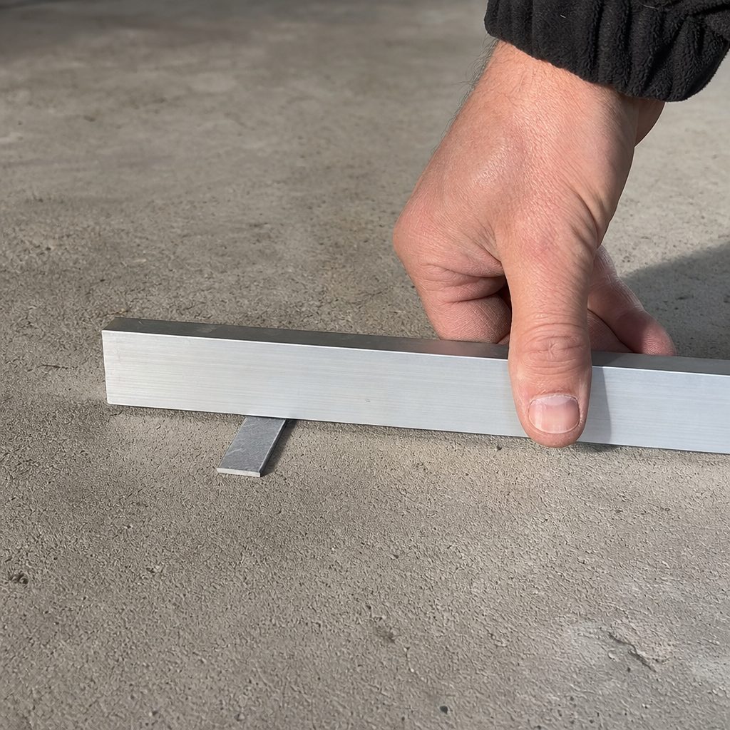 mains tenant une règle de maçon en aluminium posée à plat sur un sol en béton brut, avec une cale fine glissée dessous pour mesurer l'écart, lumière naturelle rasante