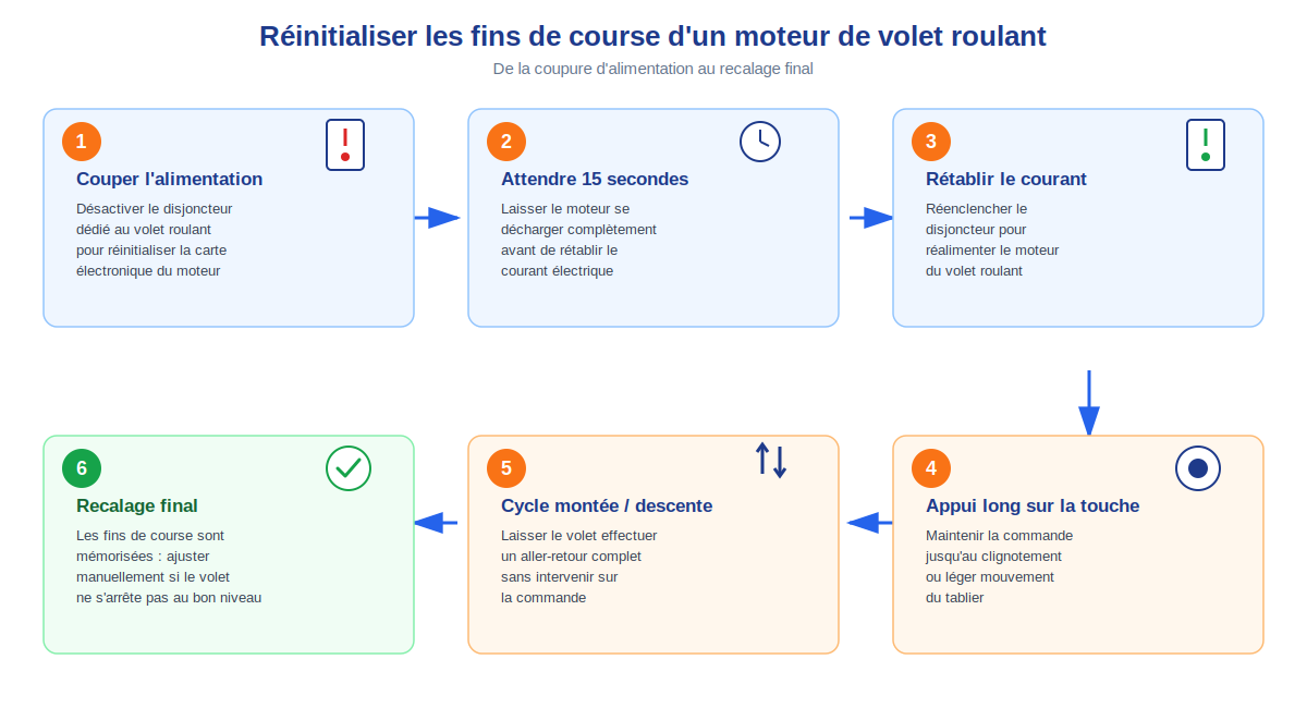 étapes de réinitialisation des fins de course d'un moteur de volet roulant, de la coupure d'alimentation au recalage final