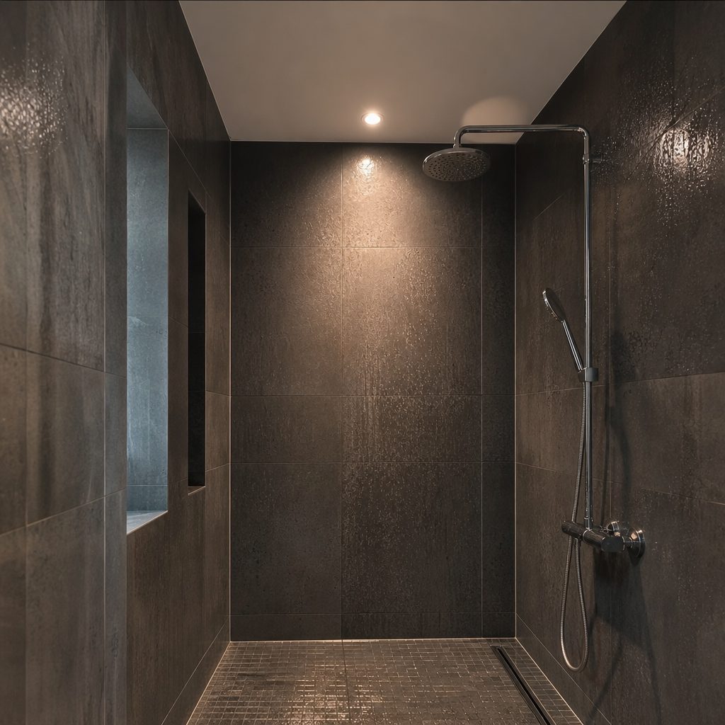 spot LED encastré dans le plafond d'une salle de bain au-dessus d'une douche à l'italienne sans receveur, carrelage gris humide, lumière chaude diffuse